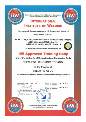 Certifikát EWF (European Welding Federation) a IIW (International Institute of Welding)
