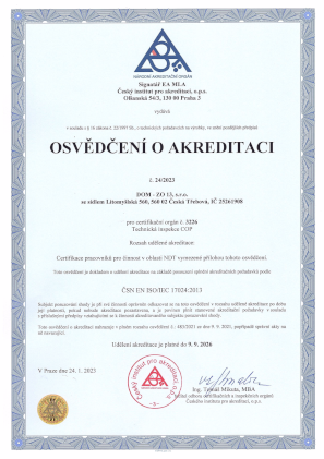 Osvědčení o akreditaci od Českého institutu pro akreditaci (ČIA) k certifikaci osob
