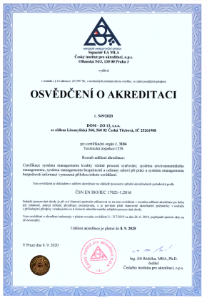 Osvědčení o akreditaci od Českého institutu pro akreditaci (ČIA) k certifikaci systémů jakosti