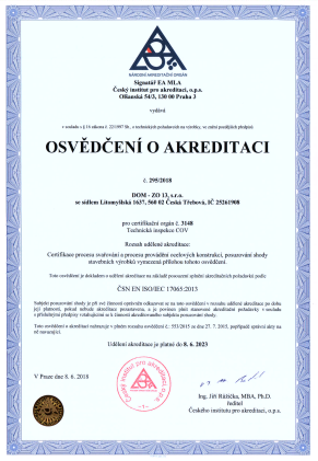 Osvědčení o akreditaci od Českého institutu pro akreditaci (ČIA) k certifikaci výrobků – procesu svařování a procesu provádění ocelových konstrukcí