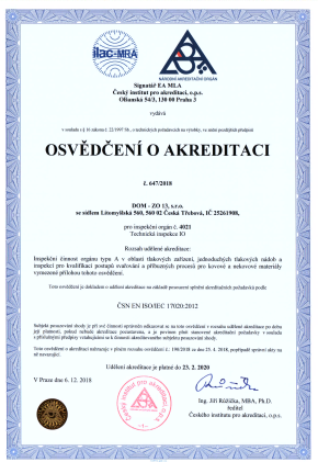 Osvědčení o akreditaci od Českého institutu pro akreditaci (ČIA) k inspekční činnosti