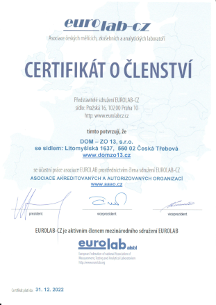 Certifikát člena EUROLAB-CZ