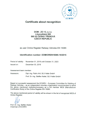 Certifikát uznaného certifikačního orgánu pro výrobce kolejových vozidel podle EN 15085
